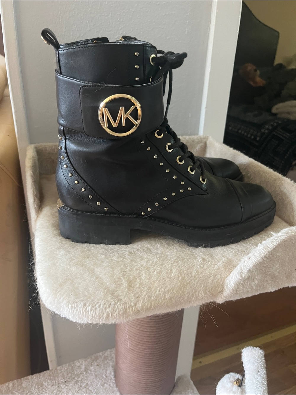 Michael Kors Black Leather Combat Boots with Gold MK Emblem